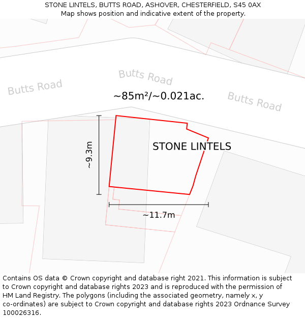 STONE LINTELS, BUTTS ROAD, ASHOVER, CHESTERFIELD, S45 0AX: Plot and title map