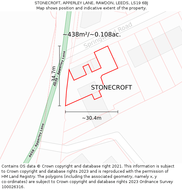 STONECROFT, APPERLEY LANE, RAWDON, LEEDS, LS19 6BJ: Plot and title map