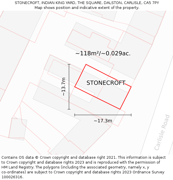 STONECROFT, INDIAN KING YARD, THE SQUARE, DALSTON, CARLISLE, CA5 7PY: Plot and title map