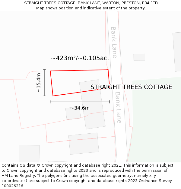 STRAIGHT TREES COTTAGE, BANK LANE, WARTON, PRESTON, PR4 1TB: Plot and title map