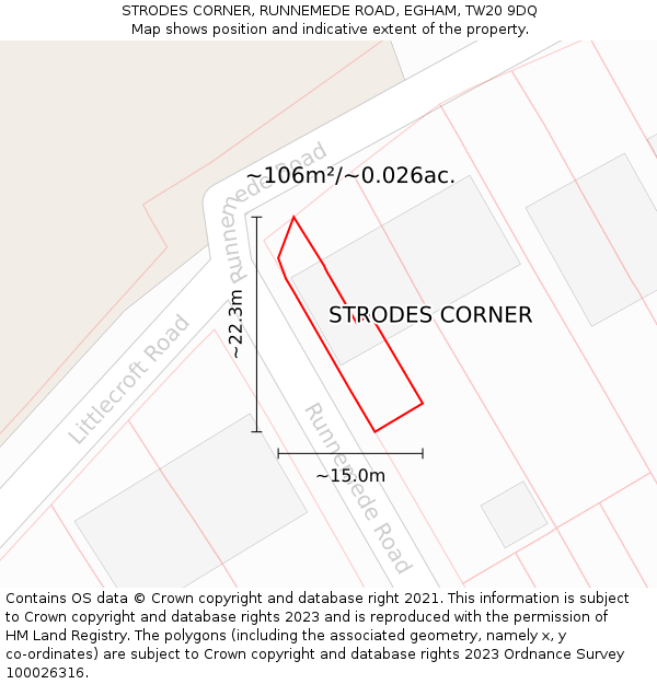 STRODES CORNER, RUNNEMEDE ROAD, EGHAM, TW20 9DQ: Plot and title map