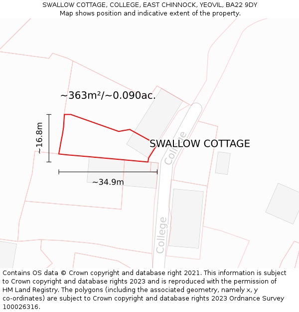 SWALLOW COTTAGE, COLLEGE, EAST CHINNOCK, YEOVIL, BA22 9DY: Plot and title map