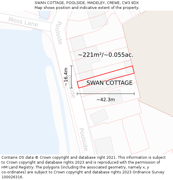 SWAN COTTAGE, POOLSIDE, MADELEY, CREWE, CW3 9DX: Plot and title map