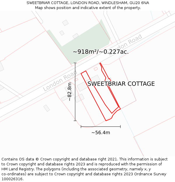 SWEETBRIAR COTTAGE, LONDON ROAD, WINDLESHAM, GU20 6NA: Plot and title map