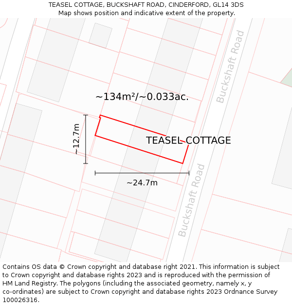 TEASEL COTTAGE, BUCKSHAFT ROAD, CINDERFORD, GL14 3DS: Plot and title map