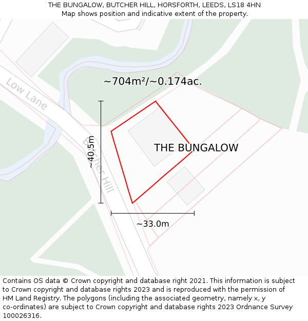 THE BUNGALOW, BUTCHER HILL, HORSFORTH, LEEDS, LS18 4HN: Plot and title map