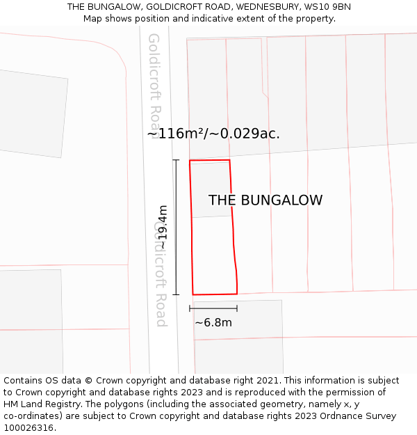 THE BUNGALOW, GOLDICROFT ROAD, WEDNESBURY, WS10 9BN: Plot and title map