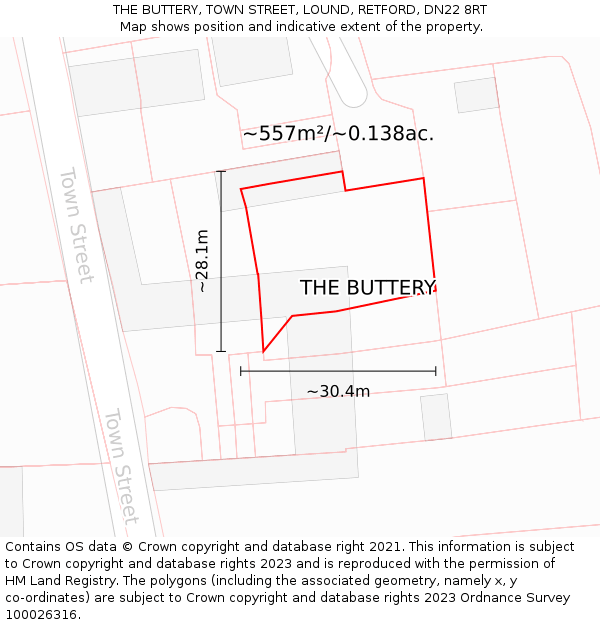 THE BUTTERY, TOWN STREET, LOUND, RETFORD, DN22 8RT: Plot and title map