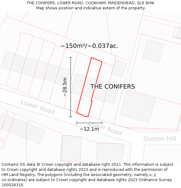 THE CONIFERS, LOWER ROAD, COOKHAM, MAIDENHEAD, SL6 9HW: Plot and title map