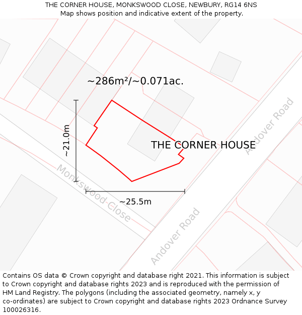 THE CORNER HOUSE, MONKSWOOD CLOSE, NEWBURY, RG14 6NS: Plot and title map