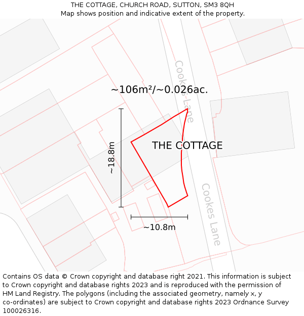 THE COTTAGE, CHURCH ROAD, SUTTON, SM3 8QH: Plot and title map