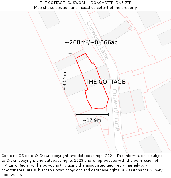 THE COTTAGE, CUSWORTH, DONCASTER, DN5 7TR: Plot and title map
