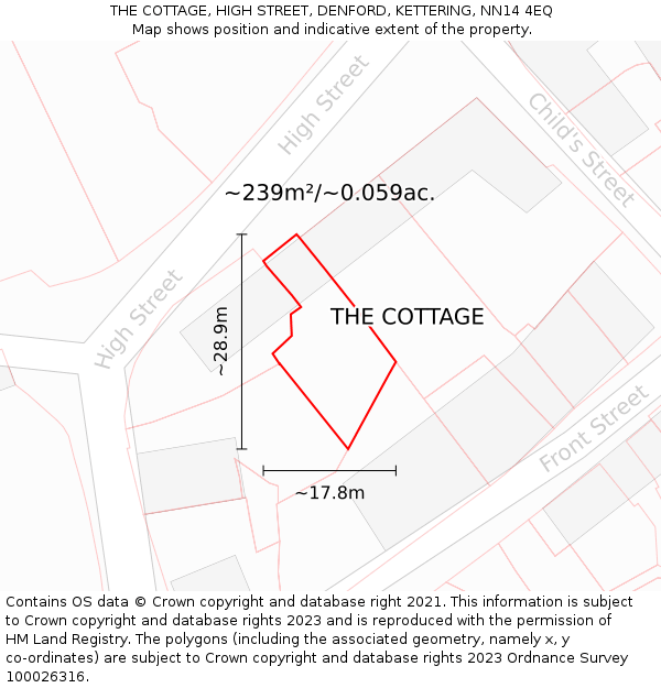 THE COTTAGE, HIGH STREET, DENFORD, KETTERING, NN14 4EQ: Plot and title map