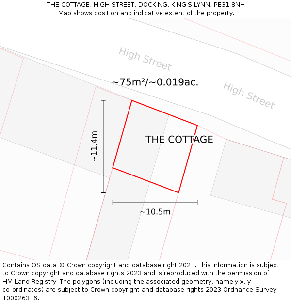 THE COTTAGE, HIGH STREET, DOCKING, KING'S LYNN, PE31 8NH: Plot and title map