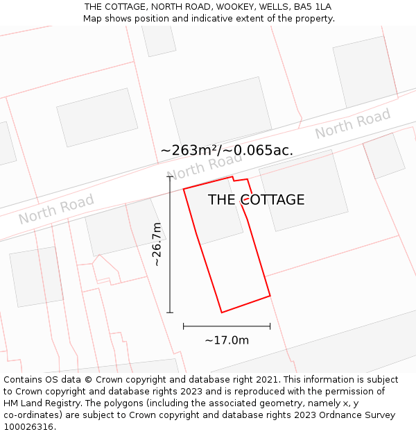 THE COTTAGE, NORTH ROAD, WOOKEY, WELLS, BA5 1LA: Plot and title map