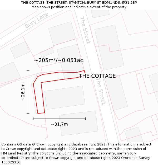 THE COTTAGE, THE STREET, STANTON, BURY ST EDMUNDS, IP31 2BP: Plot and title map