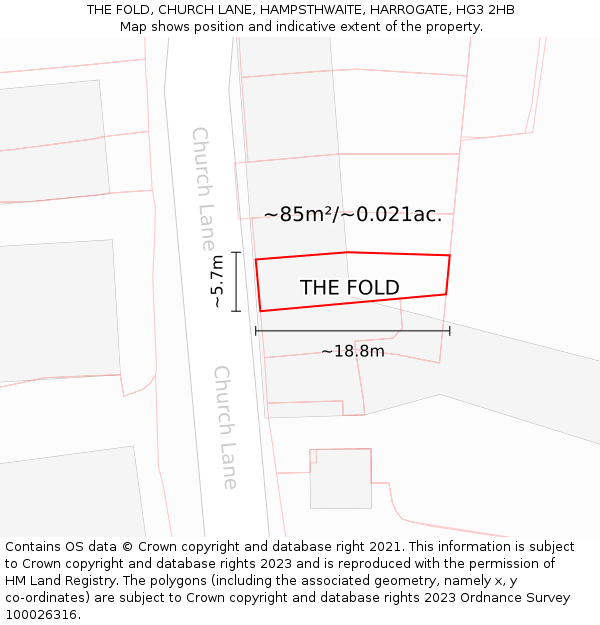 THE FOLD, CHURCH LANE, HAMPSTHWAITE, HARROGATE, HG3 2HB: Plot and title map