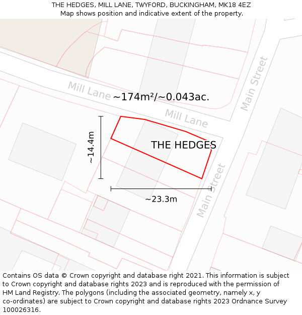 THE HEDGES, MILL LANE, TWYFORD, BUCKINGHAM, MK18 4EZ: Plot and title map