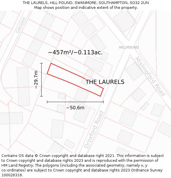 THE LAURELS, HILL POUND, SWANMORE, SOUTHAMPTON, SO32 2UN: Plot and title map