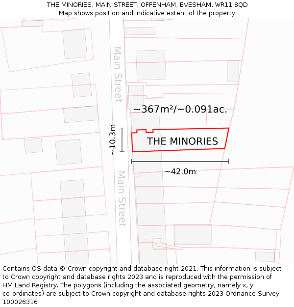 THE MINORIES, MAIN STREET, OFFENHAM, EVESHAM, WR11 8QD: Plot and title map