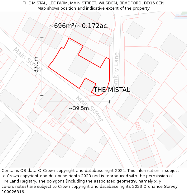 THE MISTAL, LEE FARM, MAIN STREET, WILSDEN, BRADFORD, BD15 0EN: Plot and title map