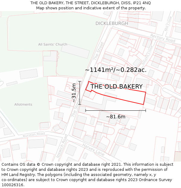 THE OLD BAKERY, THE STREET, DICKLEBURGH, DISS, IP21 4NQ: Plot and title map