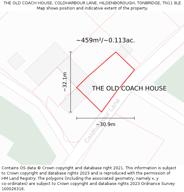 THE OLD COACH HOUSE, COLDHARBOUR LANE, HILDENBOROUGH, TONBRIDGE, TN11 9LE: Plot and title map