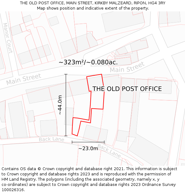 THE OLD POST OFFICE, MAIN STREET, KIRKBY MALZEARD, RIPON, HG4 3RY: Plot and title map