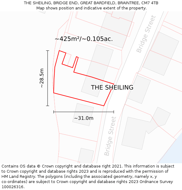 THE SHEILING, BRIDGE END, GREAT BARDFIELD, BRAINTREE, CM7 4TB: Plot and title map
