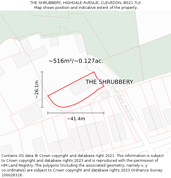 THE SHRUBBERY, HIGHDALE AVENUE, CLEVEDON, BS21 7LX: Plot and title map