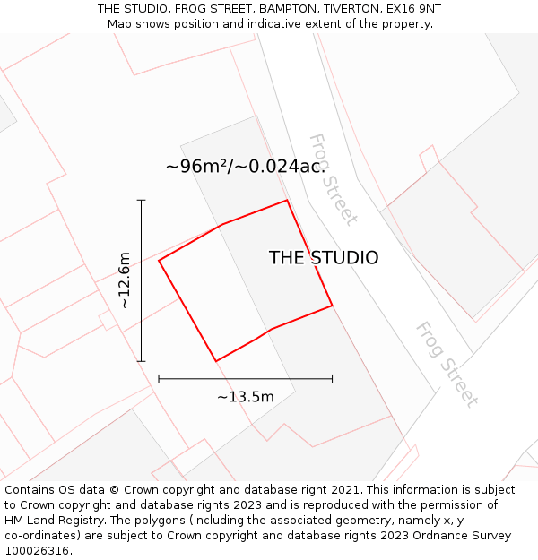 THE STUDIO, FROG STREET, BAMPTON, TIVERTON, EX16 9NT: Plot and title map
