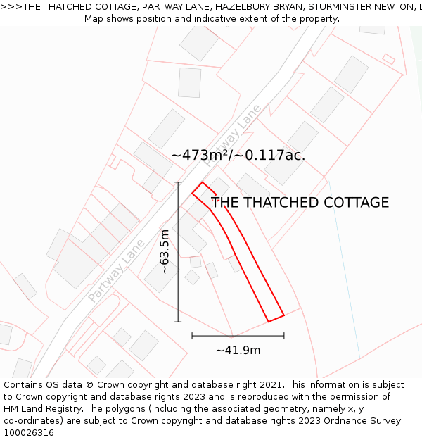 THE THATCHED COTTAGE, PARTWAY LANE, HAZELBURY BRYAN, STURMINSTER NEWTON, DT10 2DP: Plot and title map