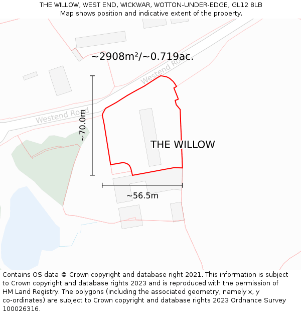 THE WILLOW, WEST END, WICKWAR, WOTTON-UNDER-EDGE, GL12 8LB: Plot and title map