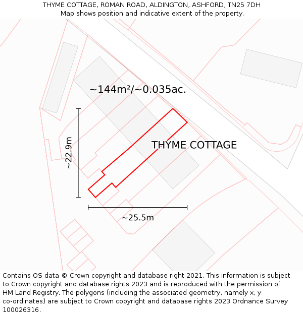 THYME COTTAGE, ROMAN ROAD, ALDINGTON, ASHFORD, TN25 7DH: Plot and title map