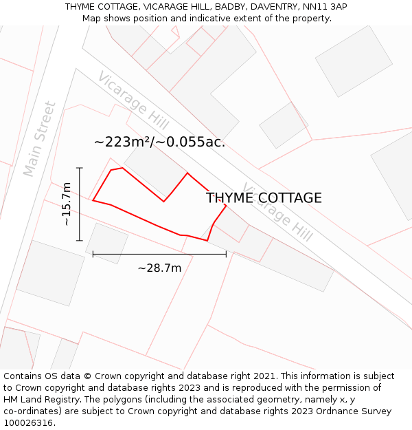 THYME COTTAGE, VICARAGE HILL, BADBY, DAVENTRY, NN11 3AP: Plot and title map