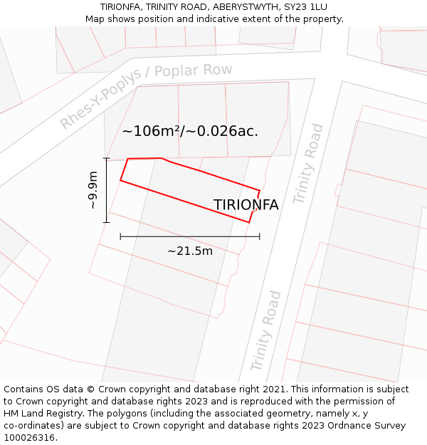 TIRIONFA, TRINITY ROAD, ABERYSTWYTH, SY23 1LU: Plot and title map