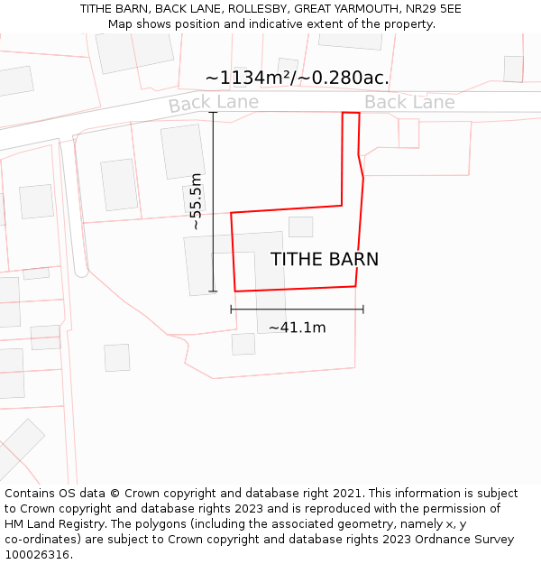 TITHE BARN, BACK LANE, ROLLESBY, GREAT YARMOUTH, NR29 5EE: Plot and title map