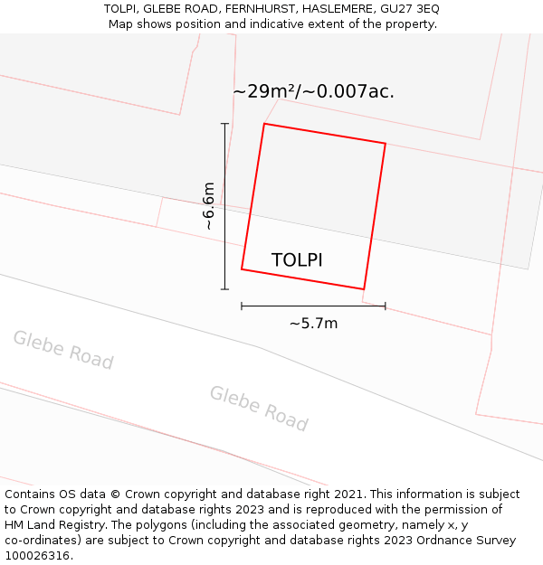 TOLPI, GLEBE ROAD, FERNHURST, HASLEMERE, GU27 3EQ: Plot and title map