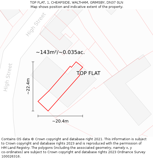 TOP FLAT, 1, CHEAPSIDE, WALTHAM, GRIMSBY, DN37 0LN: Plot and title map