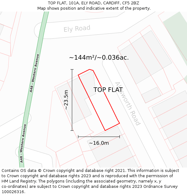 TOP FLAT, 101A, ELY ROAD, CARDIFF, CF5 2BZ: Plot and title map