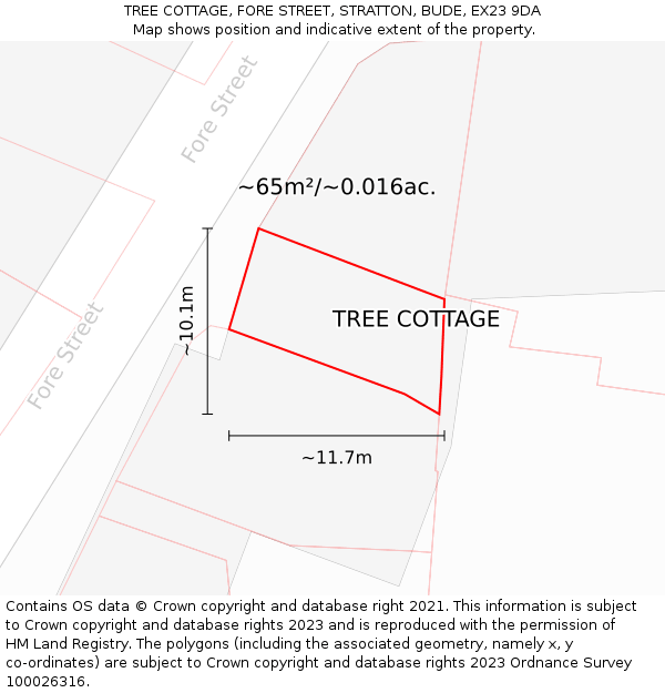 TREE COTTAGE, FORE STREET, STRATTON, BUDE, EX23 9DA: Plot and title map