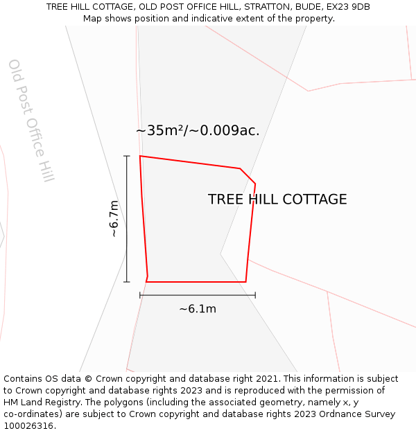TREE HILL COTTAGE, OLD POST OFFICE HILL, STRATTON, BUDE, EX23 9DB: Plot and title map