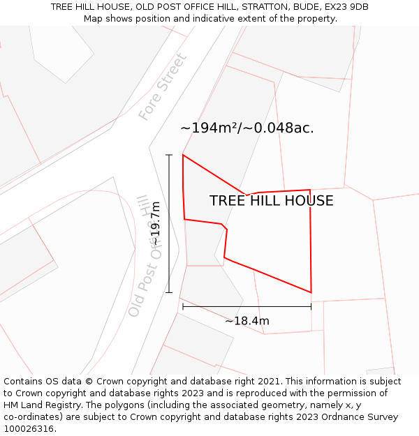 TREE HILL HOUSE, OLD POST OFFICE HILL, STRATTON, BUDE, EX23 9DB: Plot and title map