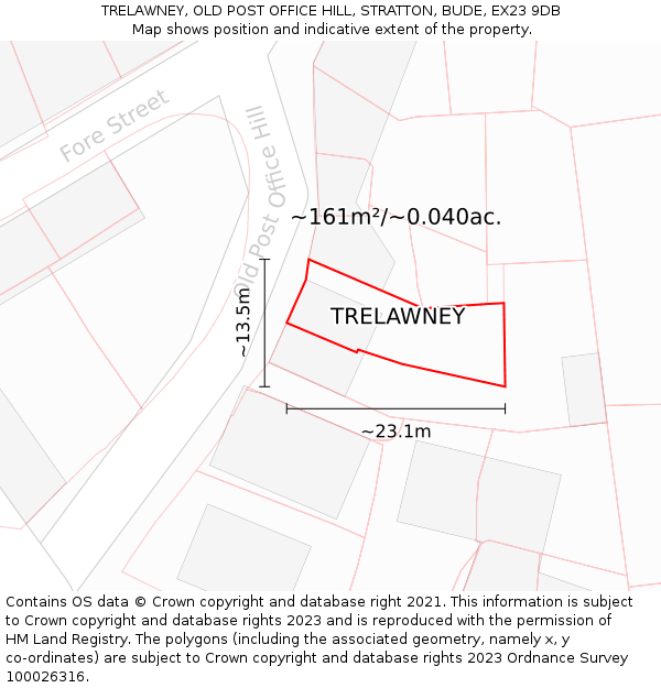 TRELAWNEY, OLD POST OFFICE HILL, STRATTON, BUDE, EX23 9DB: Plot and title map