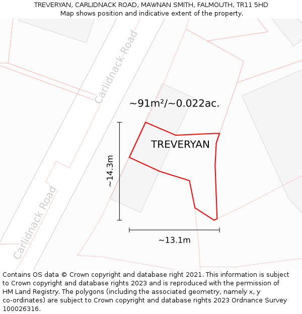 TREVERYAN, CARLIDNACK ROAD, MAWNAN SMITH, FALMOUTH, TR11 5HD: Plot and title map
