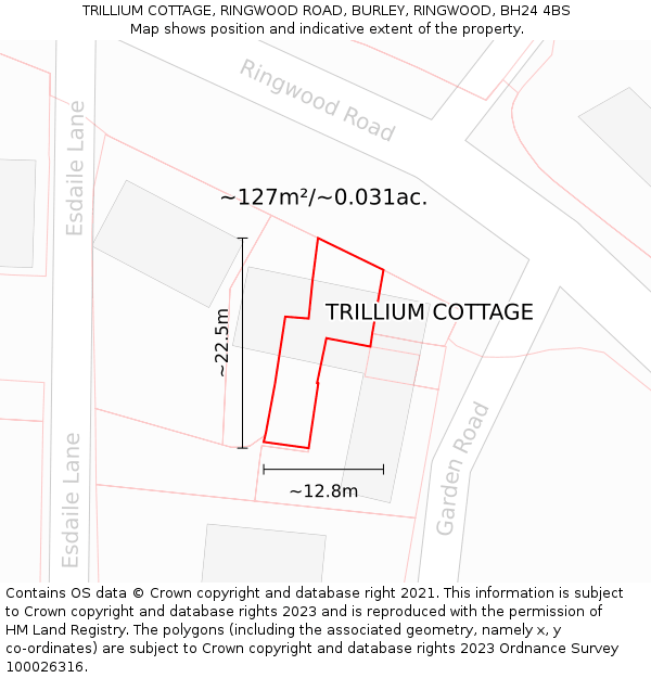 TRILLIUM COTTAGE, RINGWOOD ROAD, BURLEY, RINGWOOD, BH24 4BS: Plot and title map