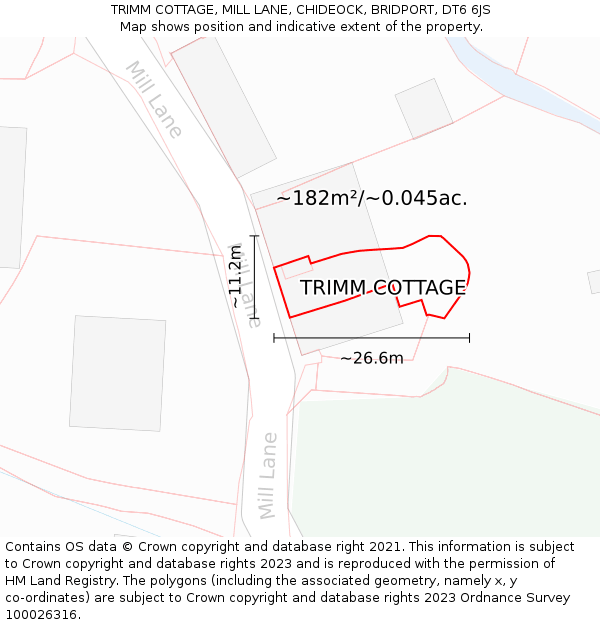TRIMM COTTAGE, MILL LANE, CHIDEOCK, BRIDPORT, DT6 6JS: Plot and title map