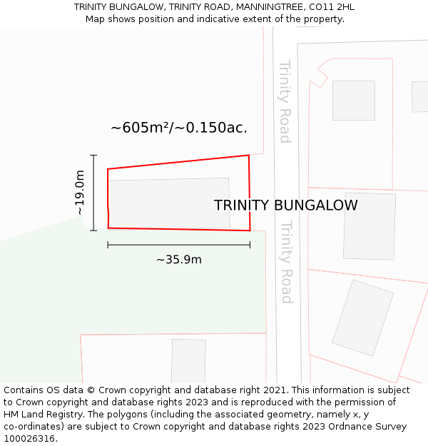 TRINITY BUNGALOW, TRINITY ROAD, MANNINGTREE, CO11 2HL: Plot and title map