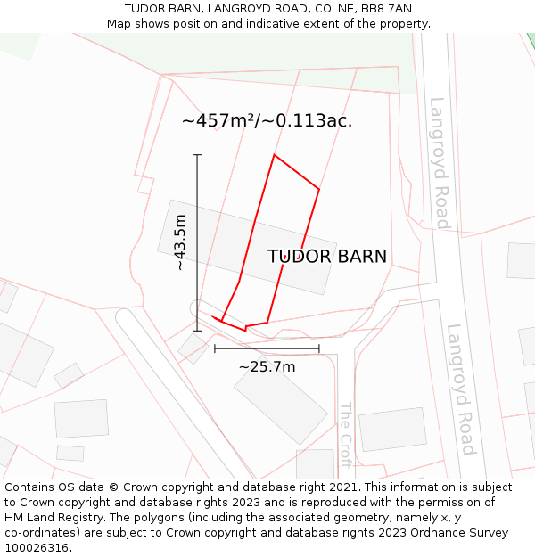 TUDOR BARN, LANGROYD ROAD, COLNE, BB8 7AN: Plot and title map