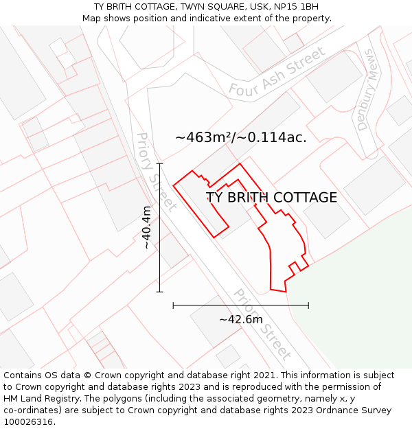 TY BRITH COTTAGE, TWYN SQUARE, USK, NP15 1BH: Plot and title map
